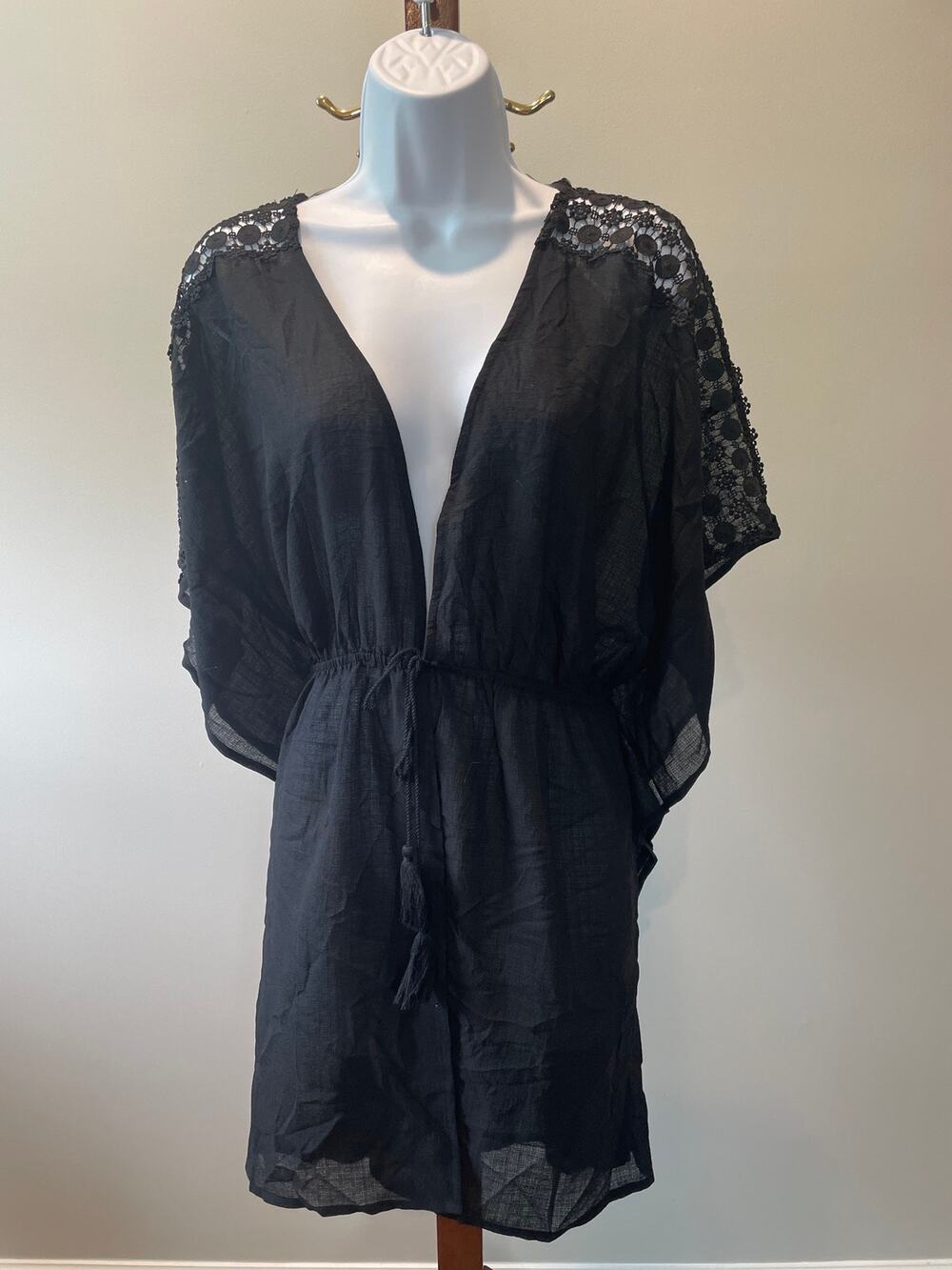 Kona Sol Sheer Cover‑Up Size L Black Tie Waist Lace Accent
